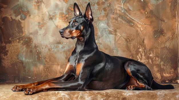 Majestic Doberman Pinscher chien allongé avec une posture élégante sur un fond texturé