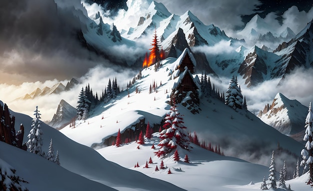 Majestic Fantasy Snow Covered Mountains Glowing Neon Color thème paysage fond art mural généré par l'IA