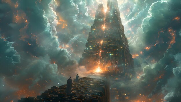 Majestic Fantasy Tower au milieu des nuages d'orage Une œuvre d'art numérique surréaliste Parfaite pour les arrière-plans de jeux et les couvertures de livres AI