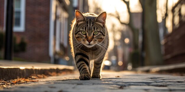 Majestic Gaze Professional prise de vue frontale d'un chat tabby noir dans une promenade confiante