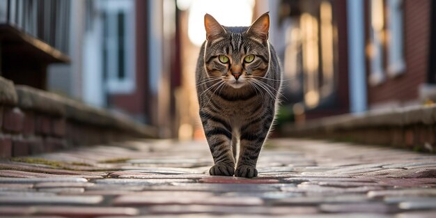 Majestic Gaze Professional prise de vue frontale d'un chat tabby noir dans une promenade confiante