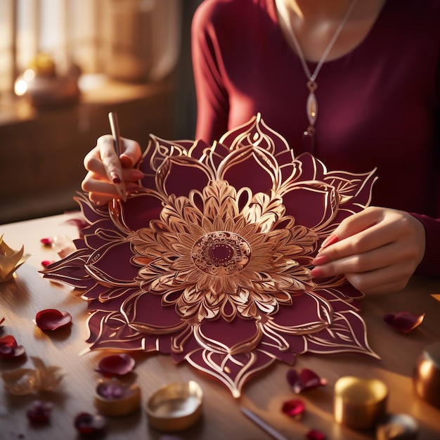 Majestic Maroon Créez un mandala marron avec des détails arabesques dorés complexes pour une touche royale.