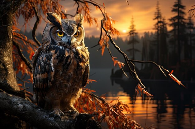 Majestic owl atterrit au crépuscule dans un scénario serein génératif IA