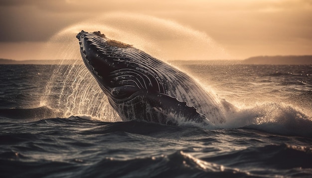 Une majestueuse baleine à bosse brise dans un paysage marin tropical idyllique au crépuscule généré par l'intelligence artificielle