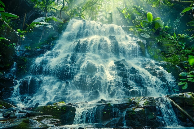 Une majestueuse cascade tropicale éclairée par la lumière du soleil dans une forêt tropicale luxuriante