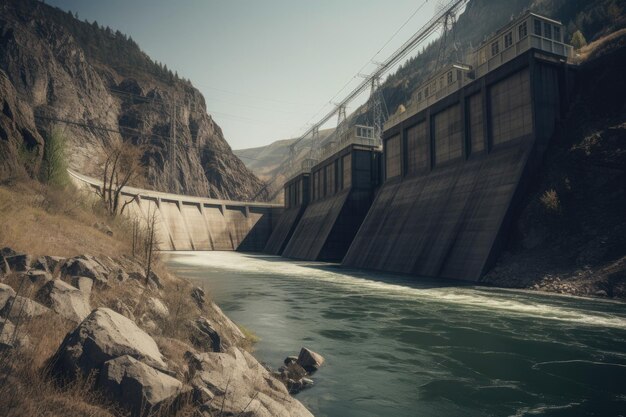 Majestueuse centrale hydroélectrique en parfaite symbiose avec la nature IA générative