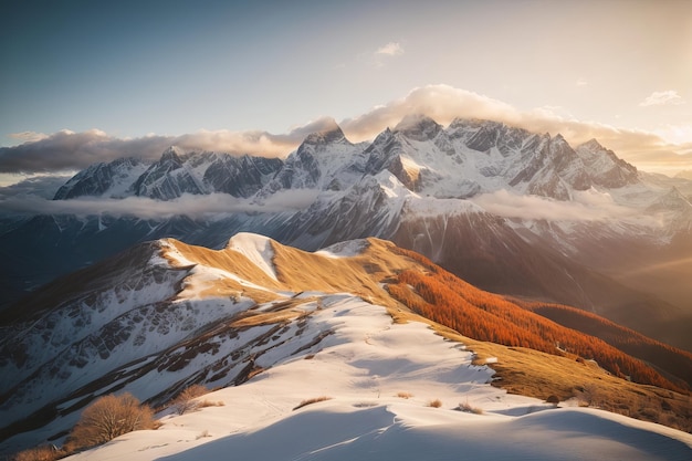 Majestueuse chaîne de montagnes d'hiver au lever du soleil avec chutes de neige et ciel panoramique