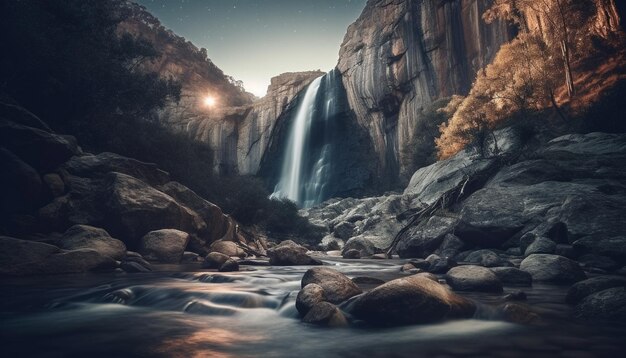 Majestueuse chaîne de montagnes ravin tranquille eau qui coule aventure de mouvement flou générée par l'intelligence artificielle