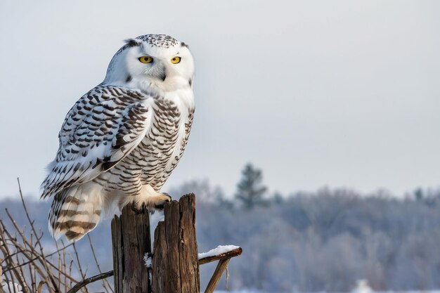 Une majestueuse chouette enneigée perchée dans une scène hivernale