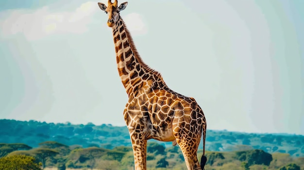 La majestueuse girafe se dresse élégamment contre un ciel serein, captivant par sa présence imposante et sa beauté innée.