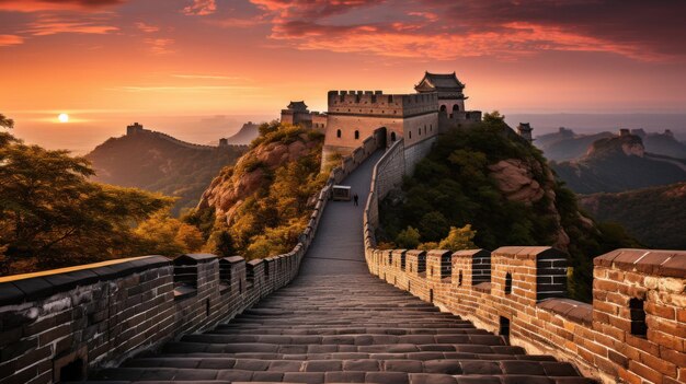 La majestueuse Grande Muraille de Chine au coucher du soleil vue panoramique AI générative