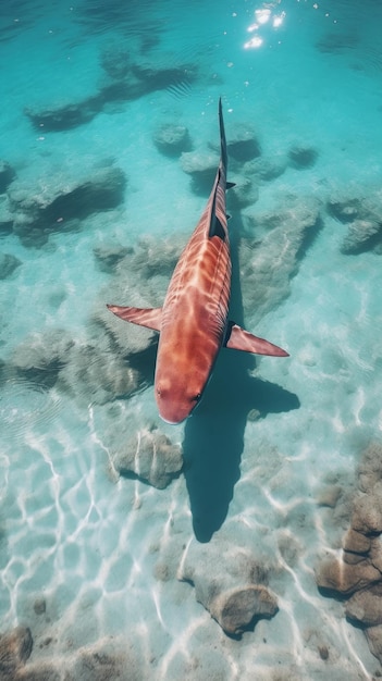 Une majestueuse image de drone capture un requin nageant gracieusement dans les eaux cristallines de l'océan offrant une perspective aérienne à couper le souffle de la vie marine