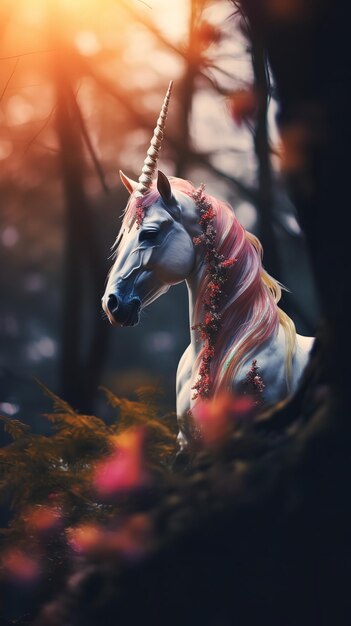 Une majestueuse licorne blanche s'élevant au-dessus d'un paysage magnifique depuis le sommet d'une montagne.