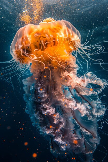 Une majestueuse méduse orange nage gracieusement dans les eaux bleues profondes de l'océan avec un filtre solaire