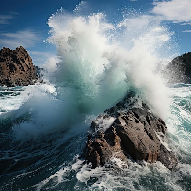 Photo une majestueuse montagne blanche s'écrasant dans des vagues de turquoise foncé et de vert