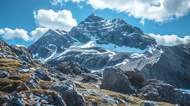 Photo une majestueuse montagne enneigée s'élève au-dessus d'un paysage rocheux. la montagne est enveloppée de nuages et le terrain accidenté est couvert de neige.