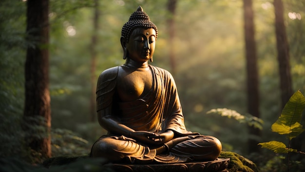 Photo une majestueuse statue de bouddha nichée dans une forêt tranquille éclairée par le soleil couchant