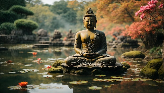 Photo une majestueuse statue de bouddha en pierre patinée entourée d'un étang tranquille