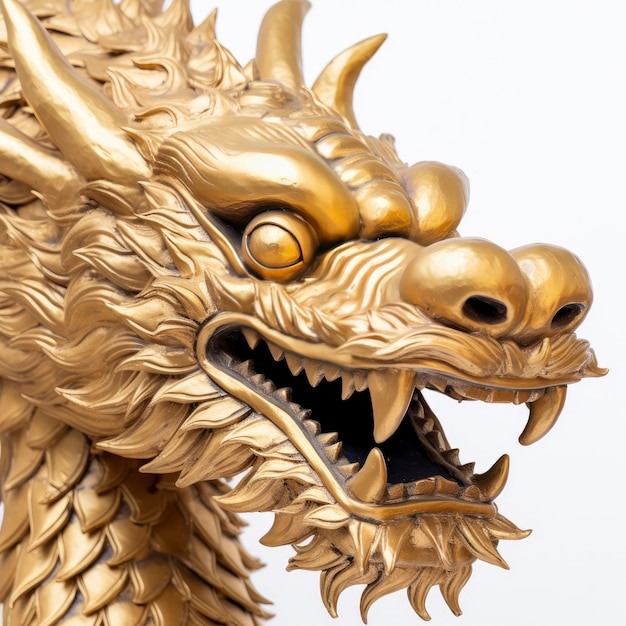 Une majestueuse statue de dragon doré avec la gueule grande ouverte dans une pose menaçante