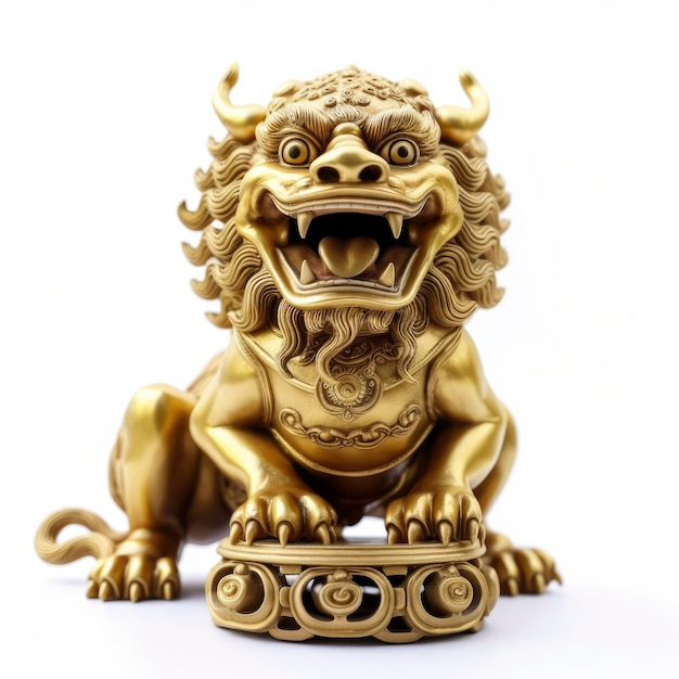 Une majestueuse statue de lion doré perchée au sommet d’une table