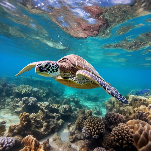 La majestueuse tortue nage gracieusement sur une plage avec plusieurs récifs coralliens