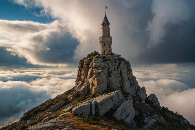 La majestueuse tour du château au-dessus du paysage couvert de nuages