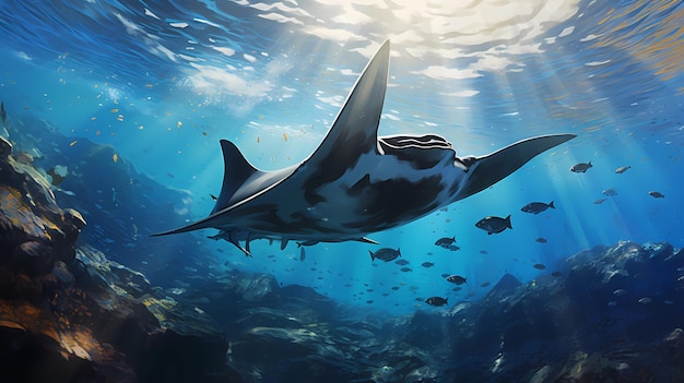 majestueuses raies manta géantes glissant en eau libre