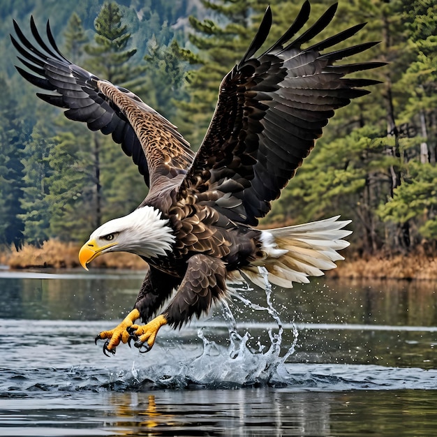 Un majestueux aigle à tête blanche en l'air attrapant un poisson dans ses griffes