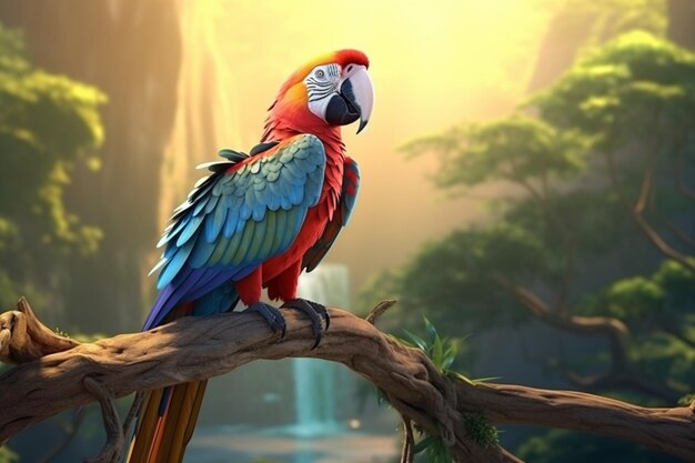 Le majestueux aras perché sur une branche étendant des ailes colorées dans la forêt