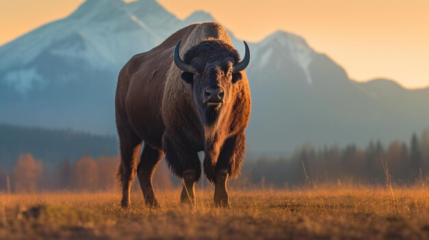 Le majestueux bison dans le champ de l'heure d'or