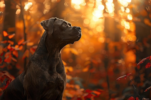 Le majestueux Cane Corso est gracieusement assis dans la forêt dense.