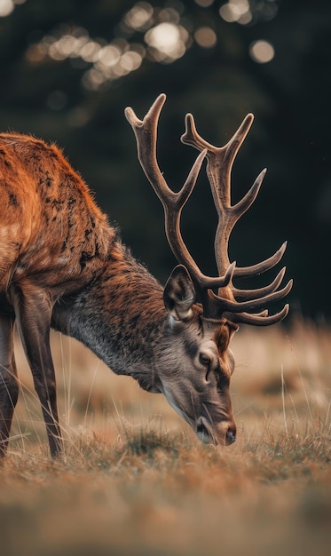 Un majestueux cerf aux grandes cornes paît paisiblement dans un champ vert et luxuriant