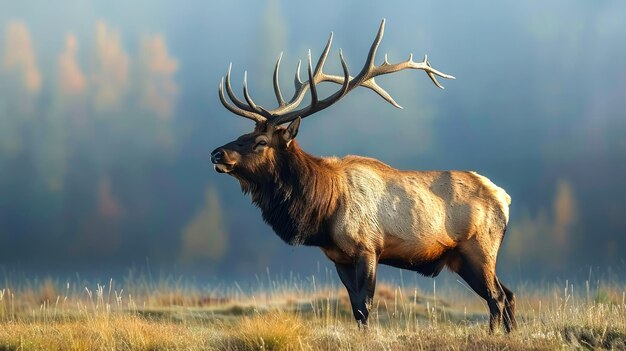 Le majestueux cerf dans son habitat naturel pendant l'heure d'or. Des paysages sauvages avec des cornes impressionnantes