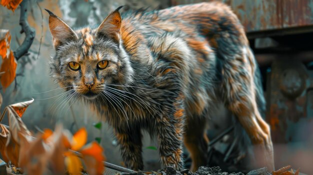 Le majestueux chat Maine Coon au milieu des feuilles d'automne avec un regard intense et des couleurs vives