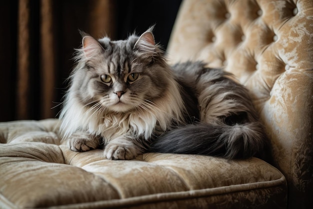 Un majestueux chat à poils longs sur une chaise en velours.