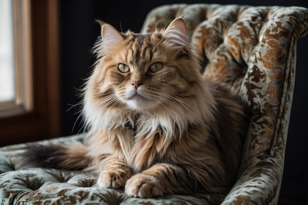 Un majestueux chat à poils longs sur une chaise en velours.