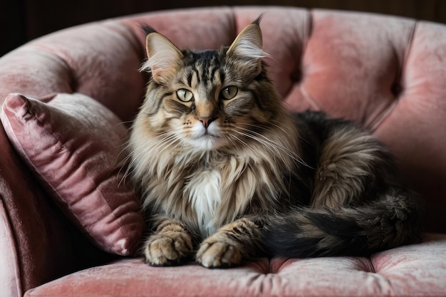 Un majestueux chat à poils longs sur une chaise en velours.