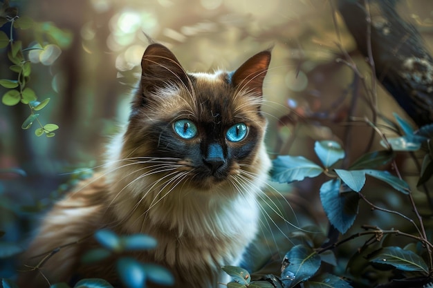 Un majestueux chat siamois aux yeux bleus frappants posant dans un jardin luxuriant dégagant d'élégance