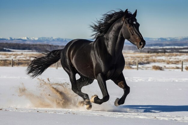 Photo le majestueux cheval noir dans le champ enneigé