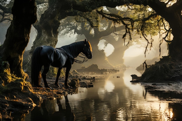 Le majestueux cheval noir se repose sous le chêne dans l'IA générative matinale améliorée