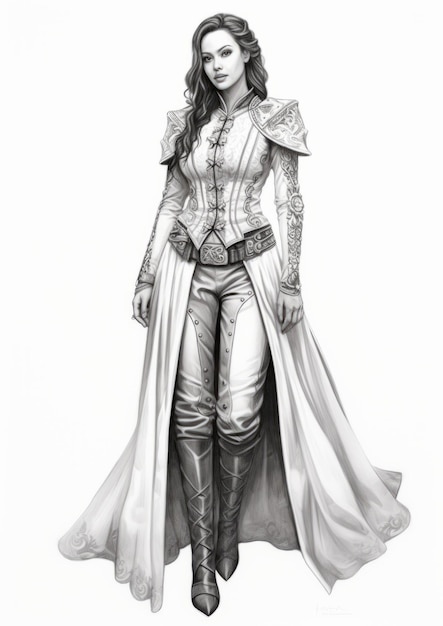 Photo le majestueux chevalier elfe féminin dans un croquis détaillé au crayon noir et blanc