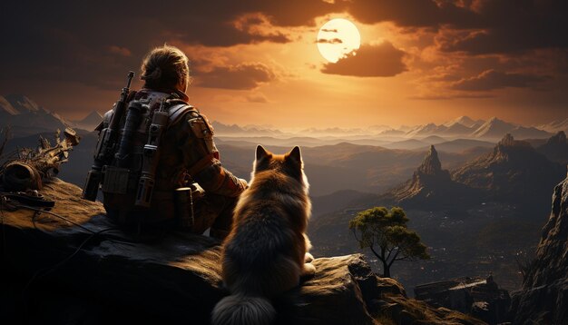 Photo majestueux chien randonnant le sommet d'une montagne profitant de la beauté de la nature générée par l'intelligence artificielle