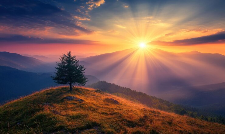 Photo le majestueux coucher de soleil au-dessus de la chaîne de montagnes