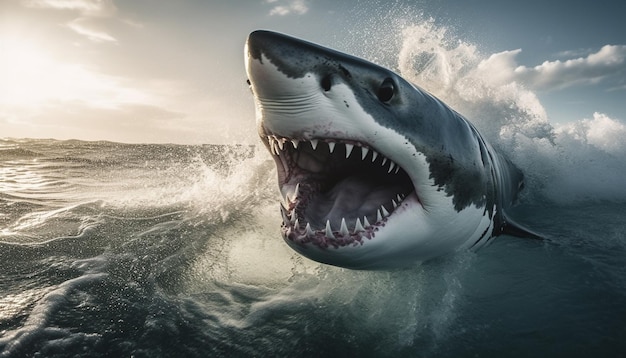 Un majestueux dinosaure sous-marin géant nageant avec des dents d'animaux exposées générées par l'intelligence artificielle