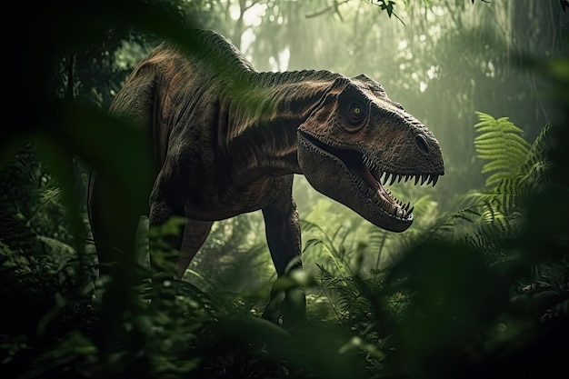 Le majestueux dinosaure vélociraptor dans la jungle brumeuse