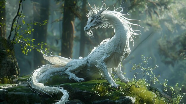 Photo un majestueux dragon blanc est assis sur un rocher au milieu d'une forêt luxuriante.