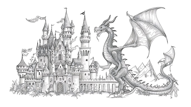 Photo un majestueux dragon fait la garde devant un château imposant les ailes du dragon sont étendues montrant sa taille et sa puissance impressionnantes