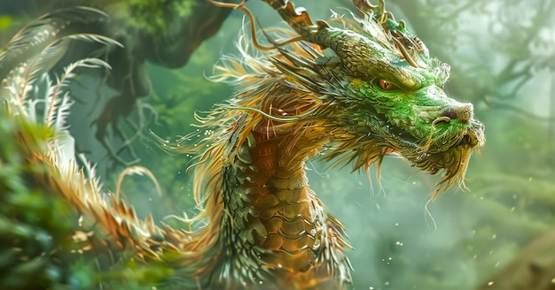 Le majestueux dragon vert dans la forêt enchantée