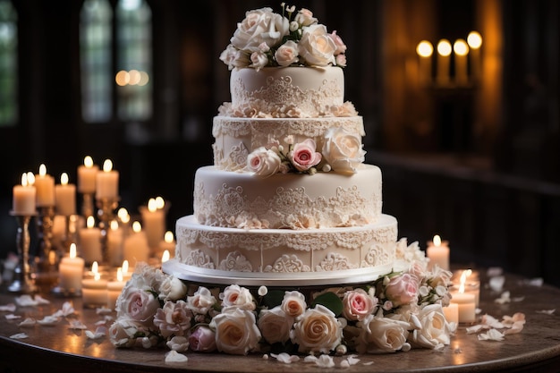 Majestueux gâteau de mariage avec dentelle et fleurs délicates générative IA