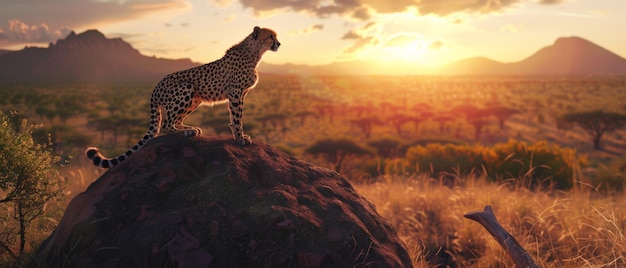 Le majestueux guépard parcourt la savane au coucher du soleil, l'incarnation de la grâce.